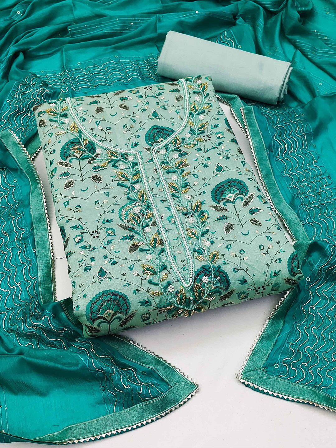 manvaa sea green embellished pure silk unstitched dress material