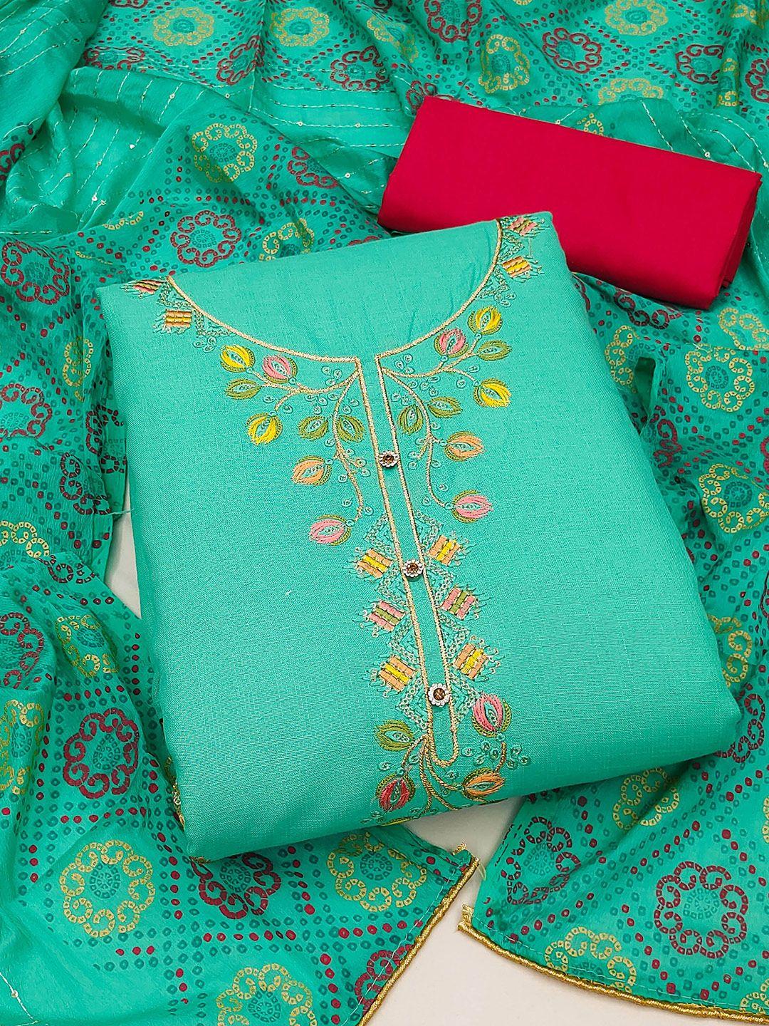 manvaa sea green embroidered pure cotton unstitched dress material