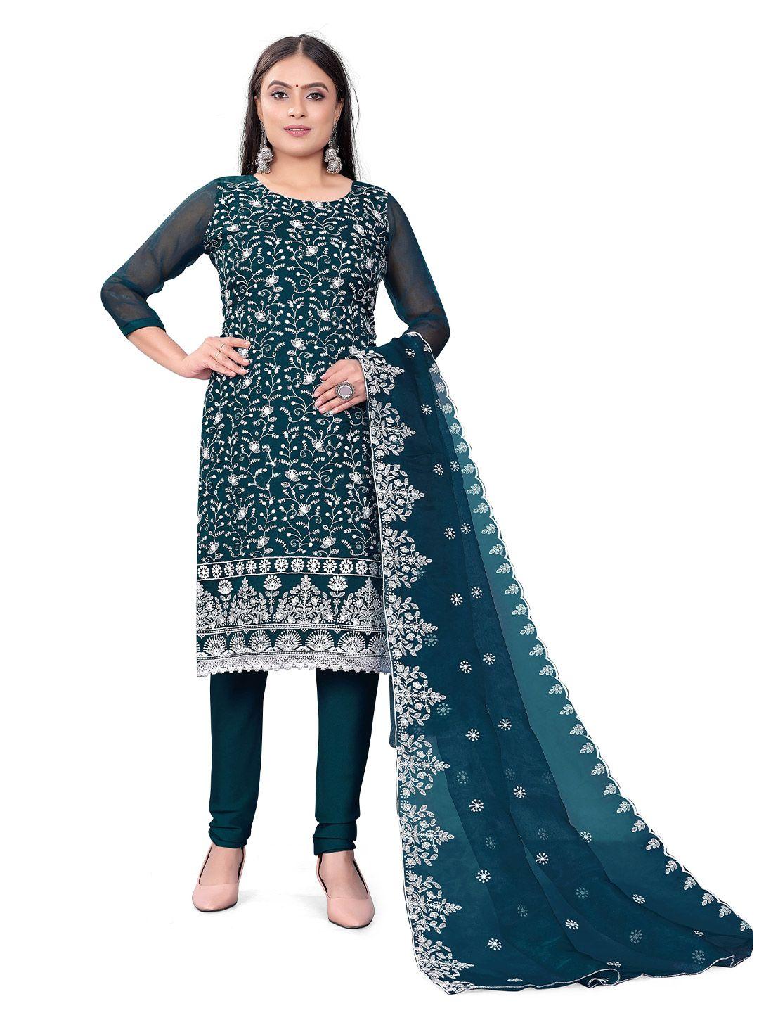 manvaa turquoise blue embroidered organza unstitched dress material