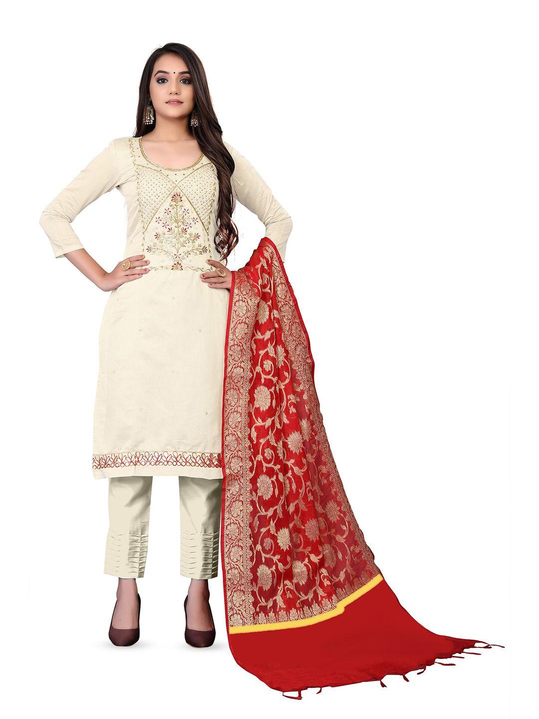 manvaa white embellished unstitched dress material