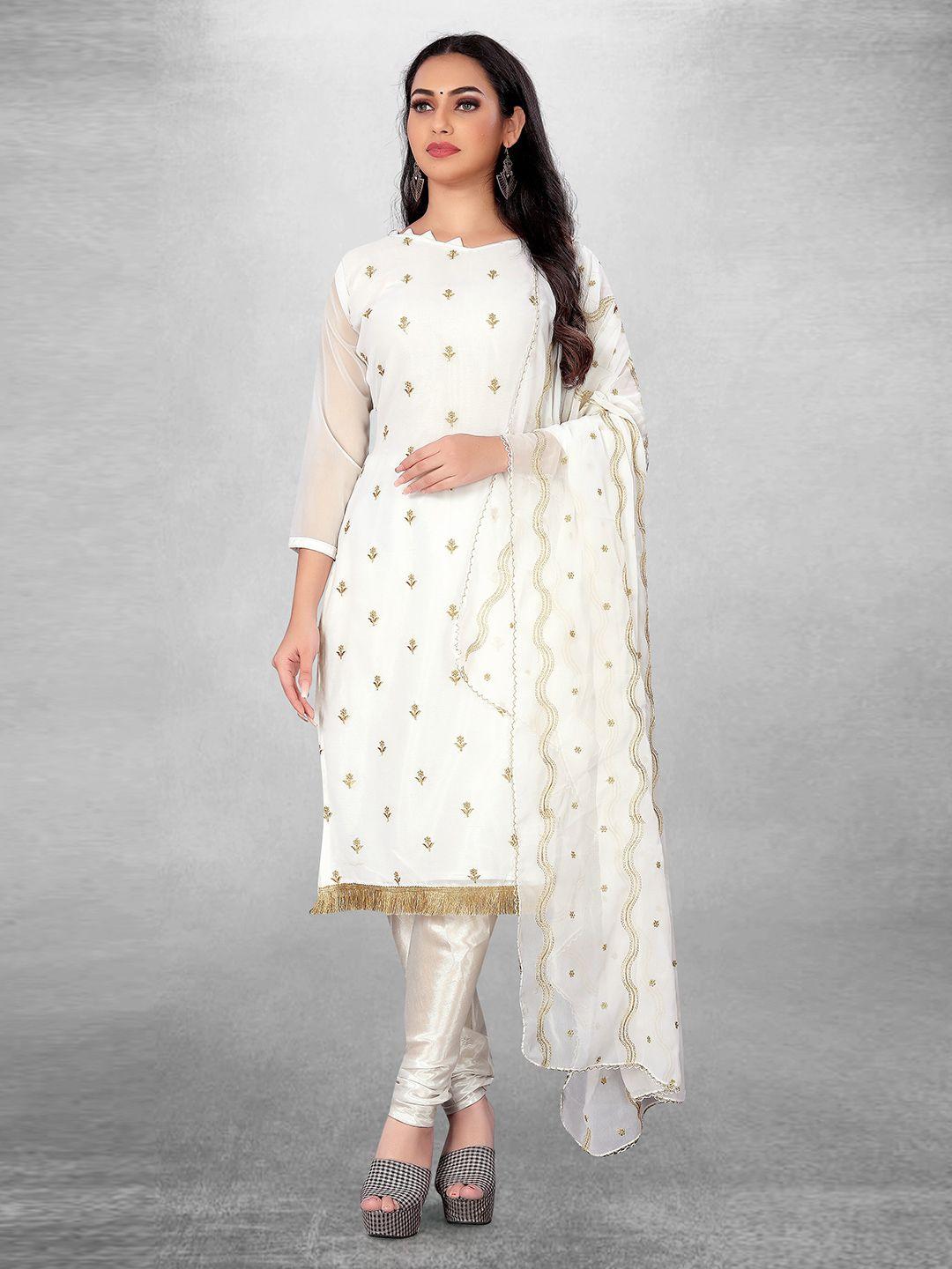 manvaa white embroidered silk georgette unstitched dress material