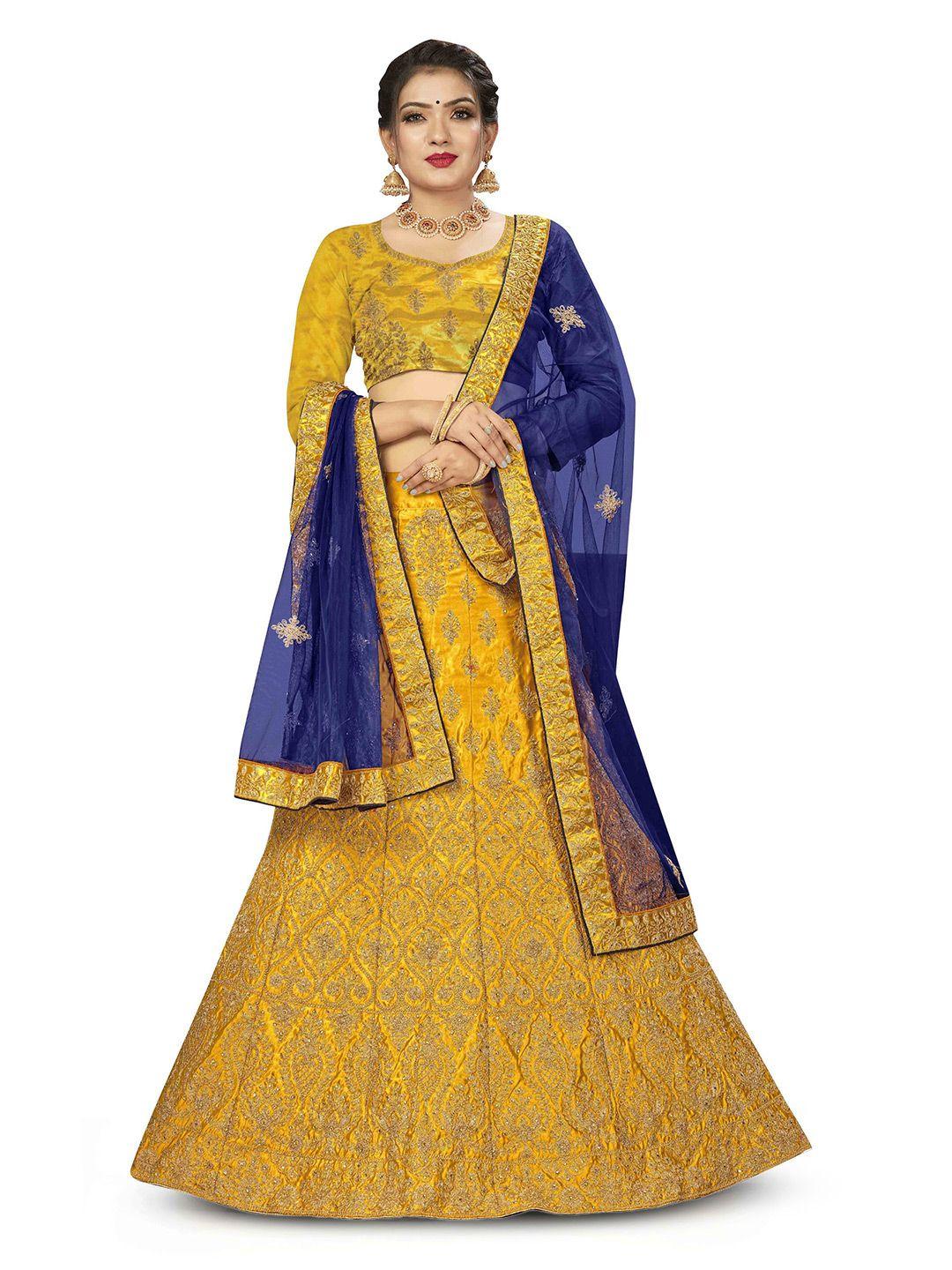 manvaa yellow & blue embroidered thread work semi-stitched lehenga & unstitched blouse with dupatta