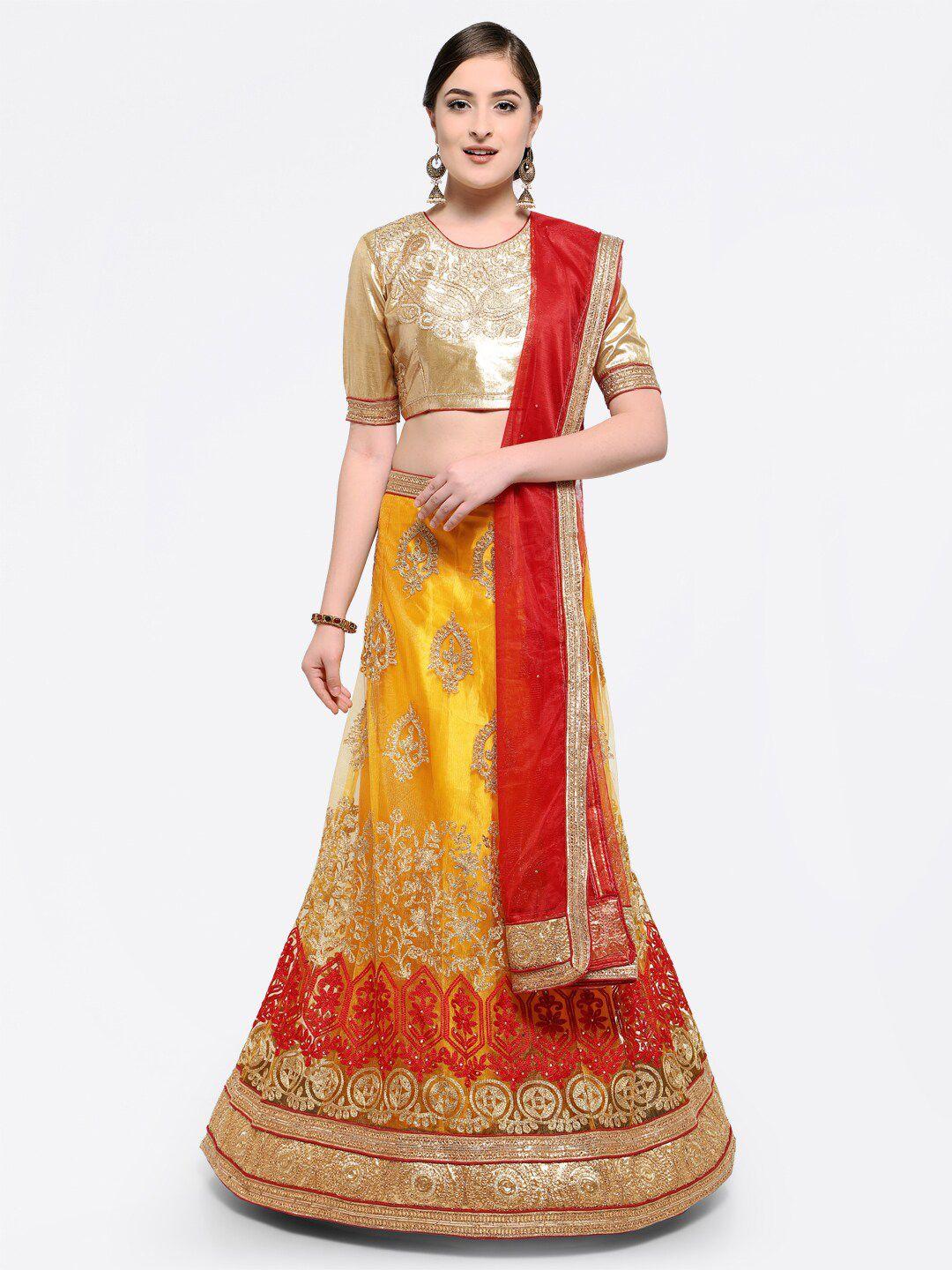 manvaa yellow & maroon embroidered semi-stitched lehenga & unstitched blouse with dupatta