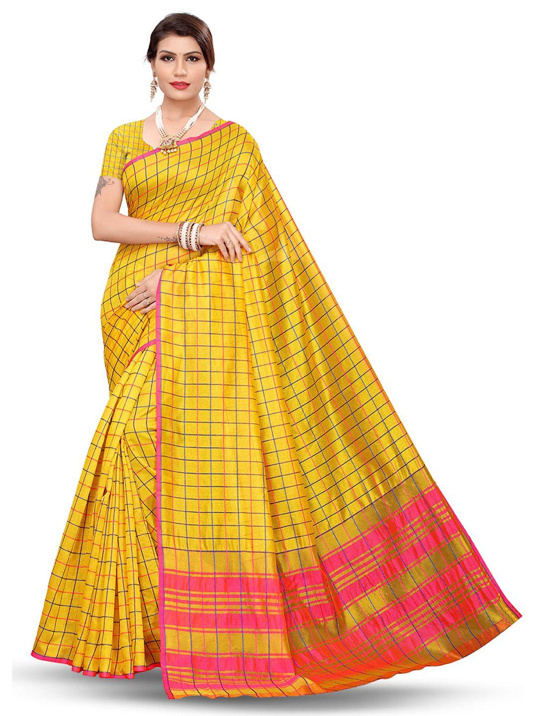 manvaa yellow & pink checked zari banarasi saree