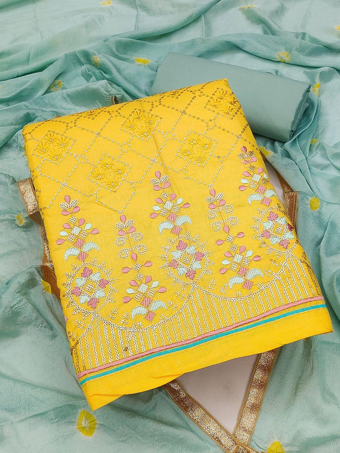 manvaa yellow embellished pure cotton unstitched dress material