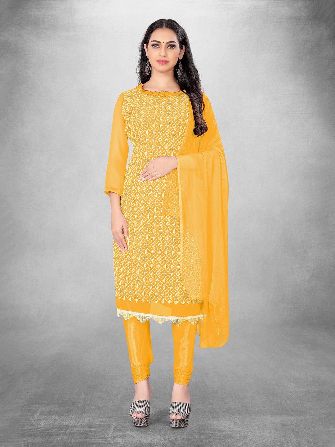 manvaa yellow embroidered silk georgette unstitched dress material