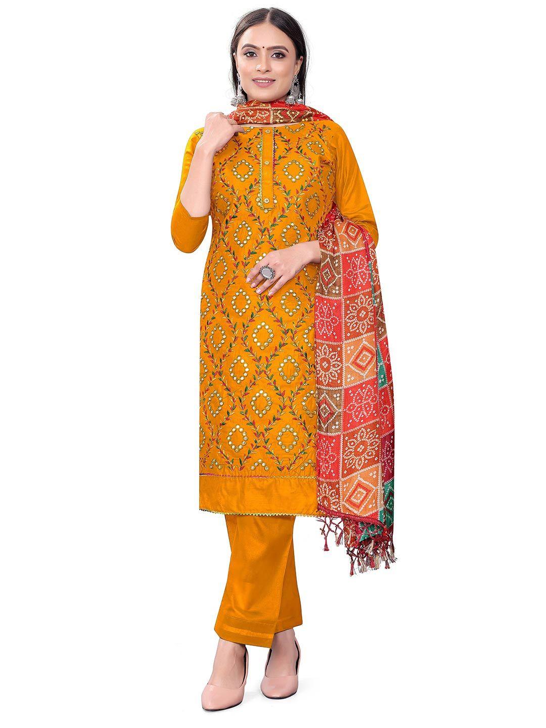 manvaa yellow embroidered unstitched dress material