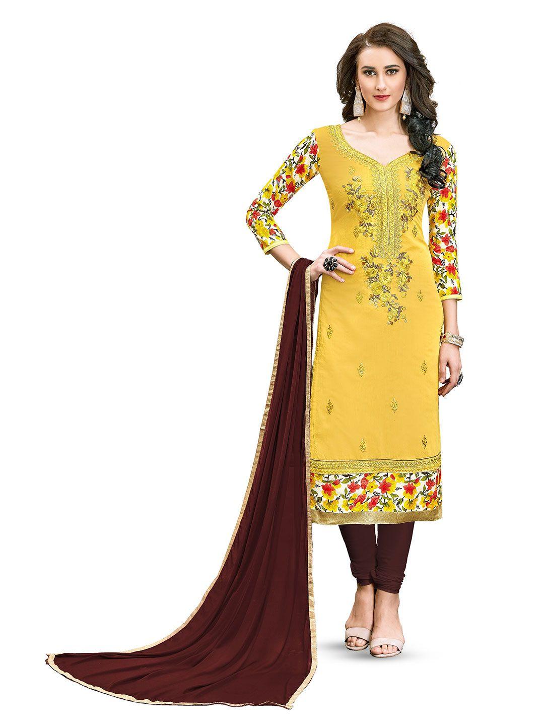 manvaa yellow embroidered unstitched dress material