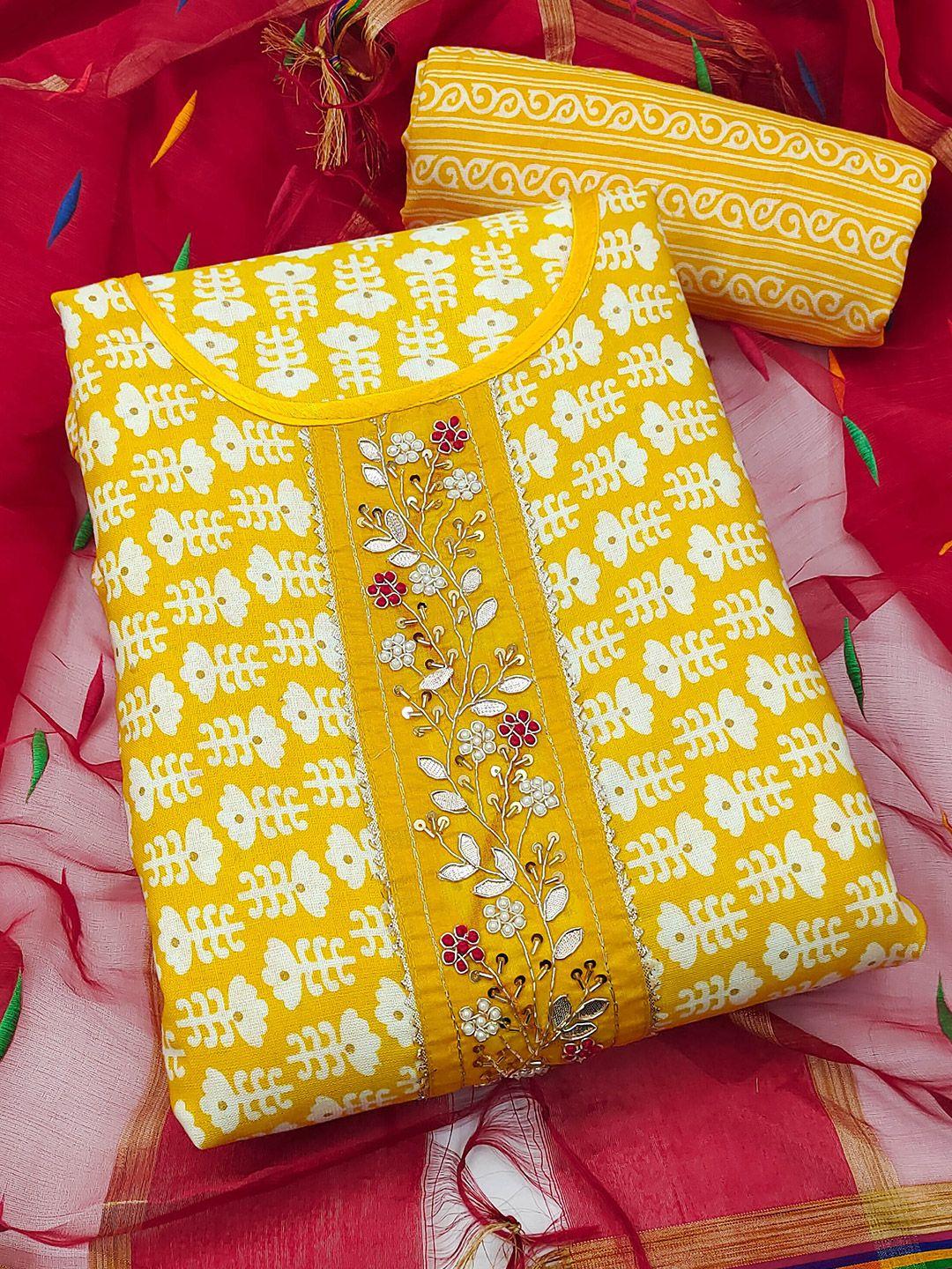 manvaa yellow printed pure cotton unstitched dress material