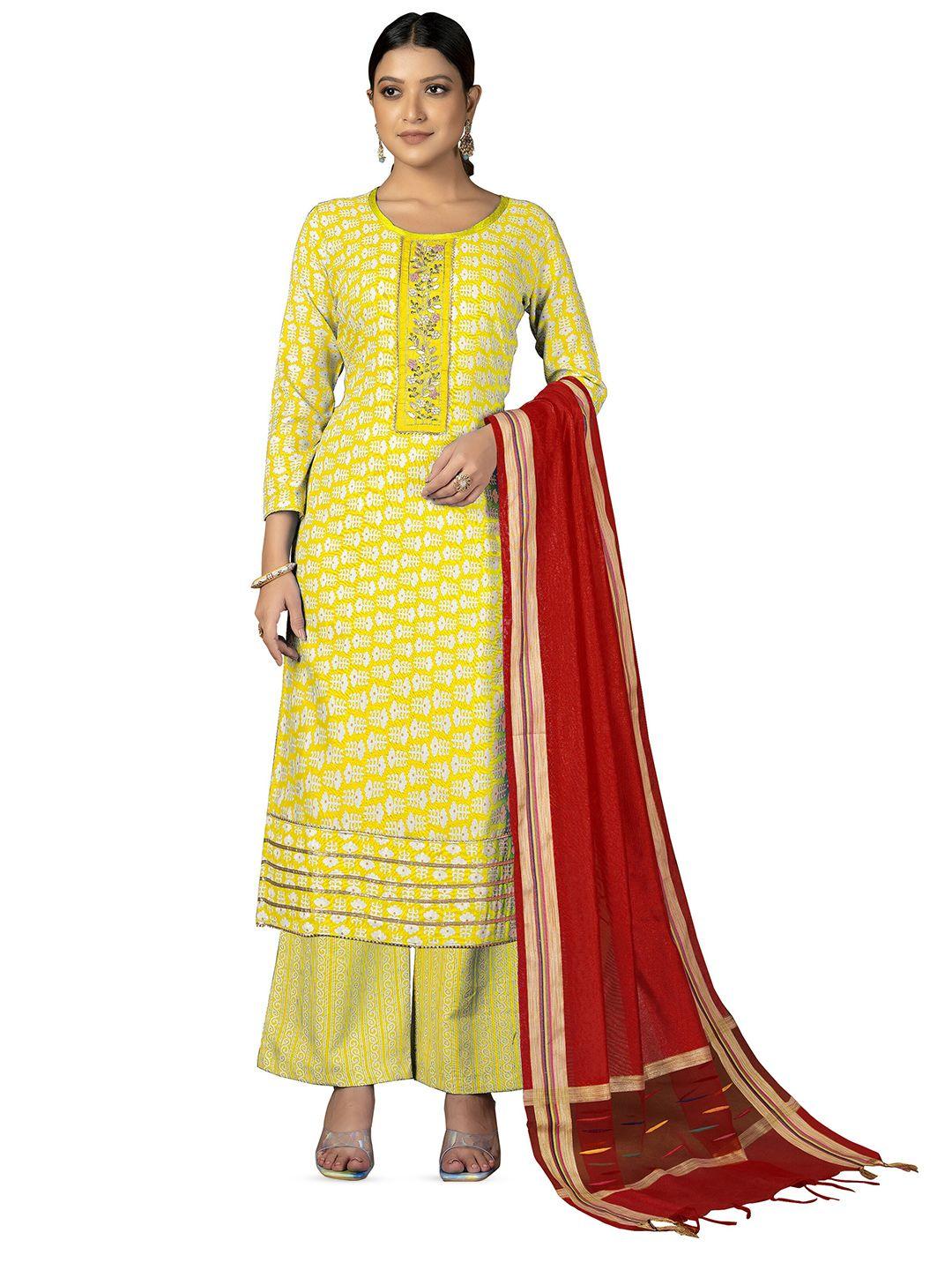 manvaa yellow printed pure cotton unstitched dress material