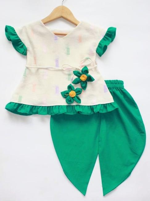 many frocks kids cream & green cotton embellished top & dhoti