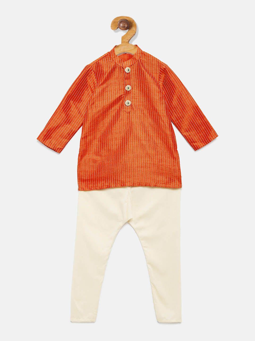 many frocks & boys orange & beige striped kurta with pyjamas