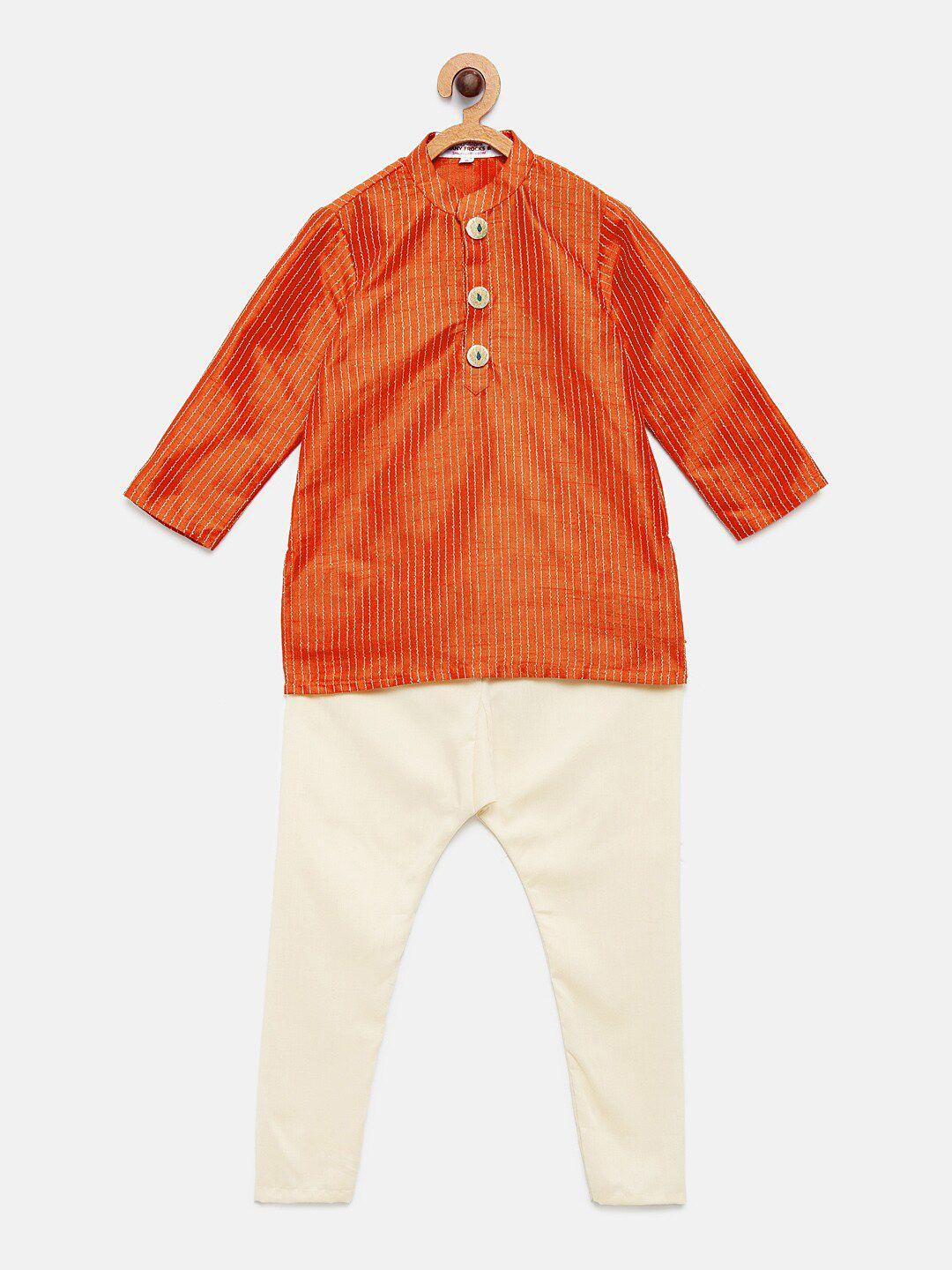 many frocks & boys orange embroidered thread work kurta with pyjamas