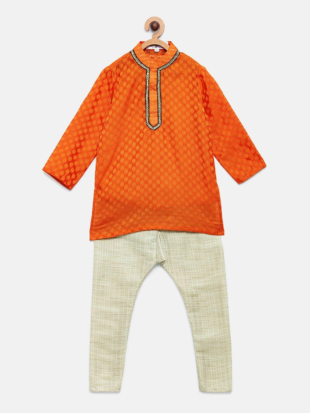 many frocks & boys orange ethnic motifs woven design pure cotton kurta with pyjamas