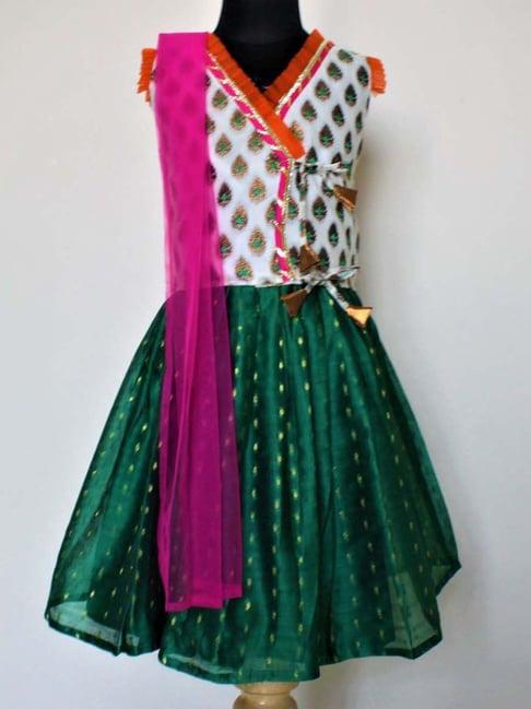 many frocks kids green & white printed lehenga choli