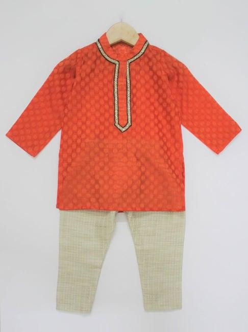 many frocks kids orange & beige cotton embellished kurta set