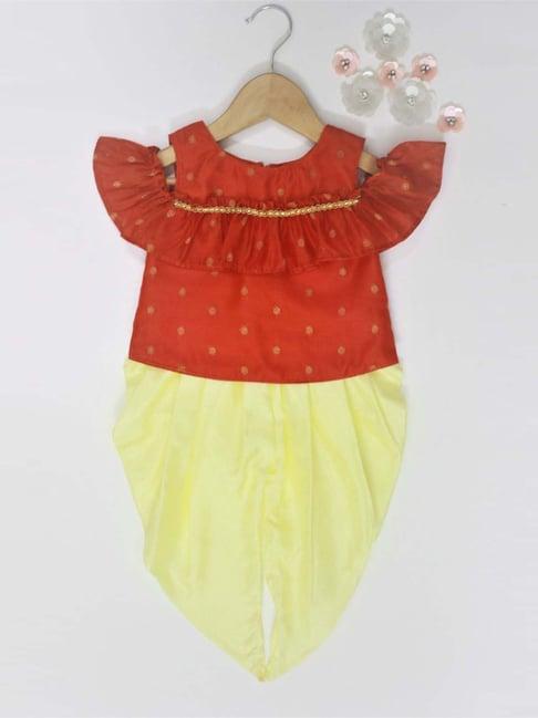 many frocks kids orange & yellow embellished top & dhoti