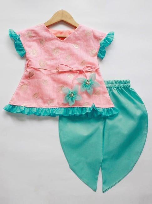 many frocks kids pink & blue printed top & dhoti