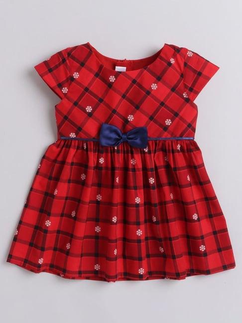 many frocks kids red cotton chequered snow flakes dress