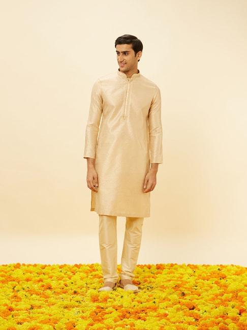 manyavar beige & cream regular fit self design kurta & pyjamas set