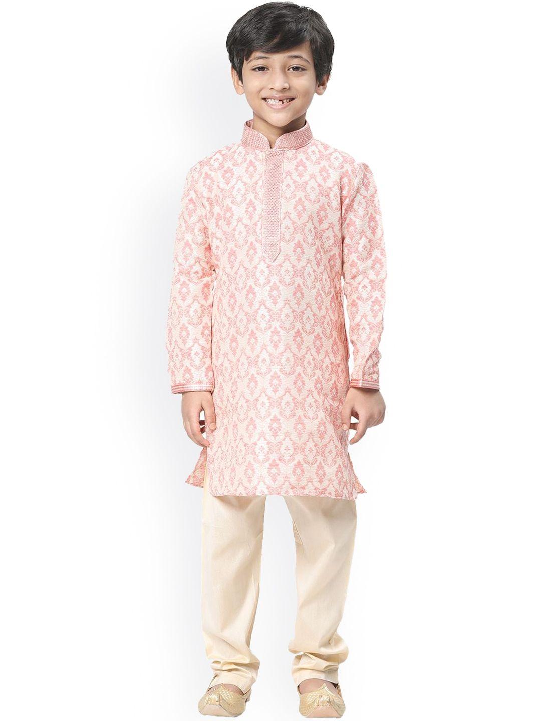 manyavar boys coral & white ethnic motifs angrakha kurta with pyjamas