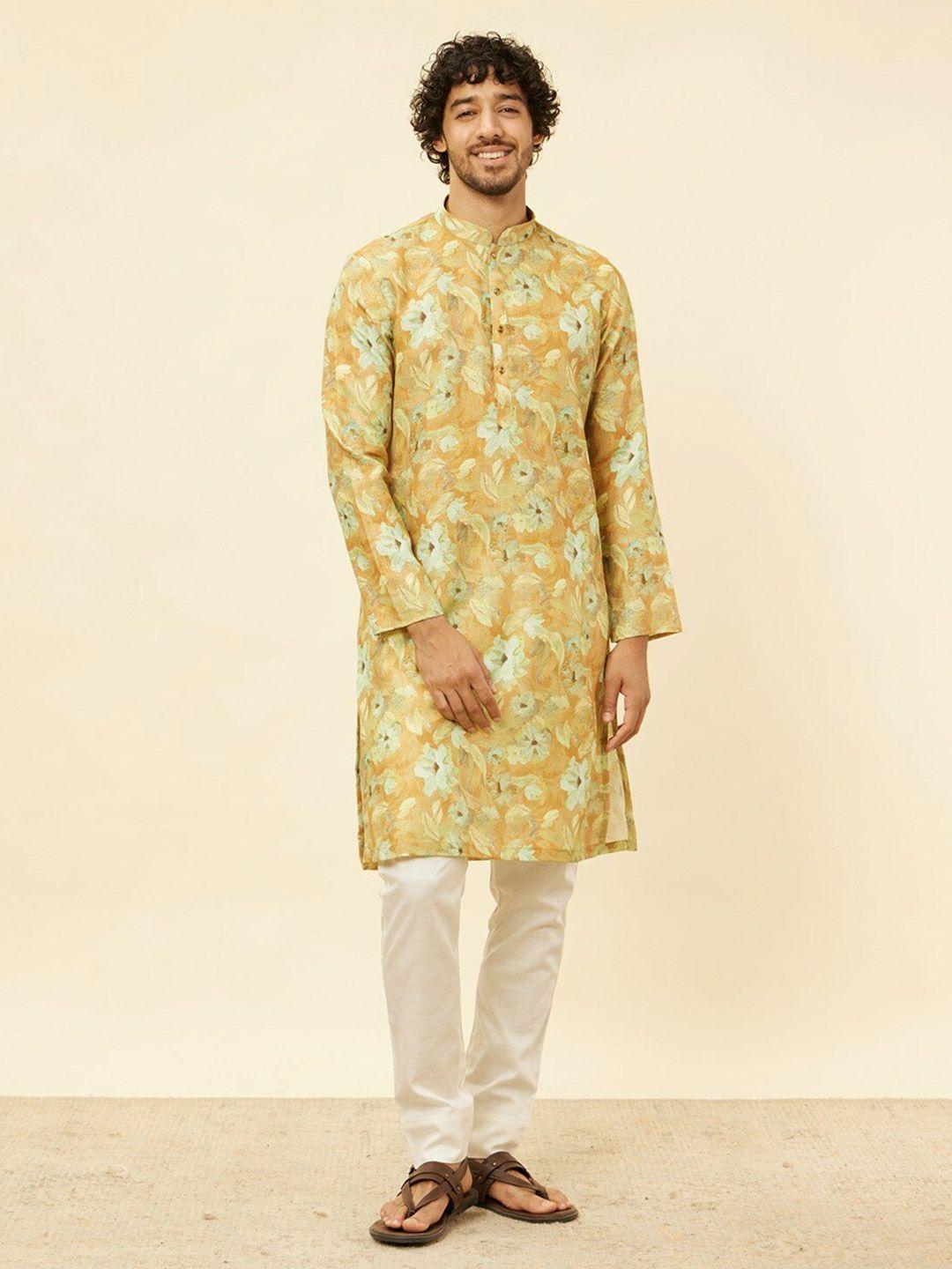 manyavar floral printed mandarin collar straight kurta