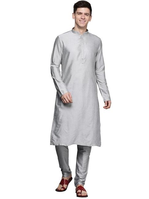 manyavar grey regular fit kurta with churidar set