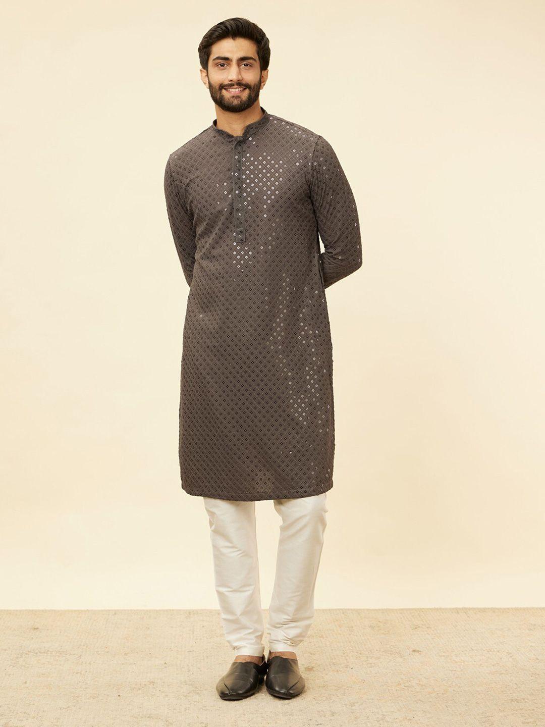 manyavar mandarin collar geometric sequinned embroidered straight kurta with pyjamas
