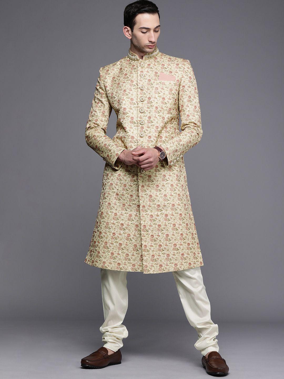 manyavar men beige & white floral printed sherwani & churidar