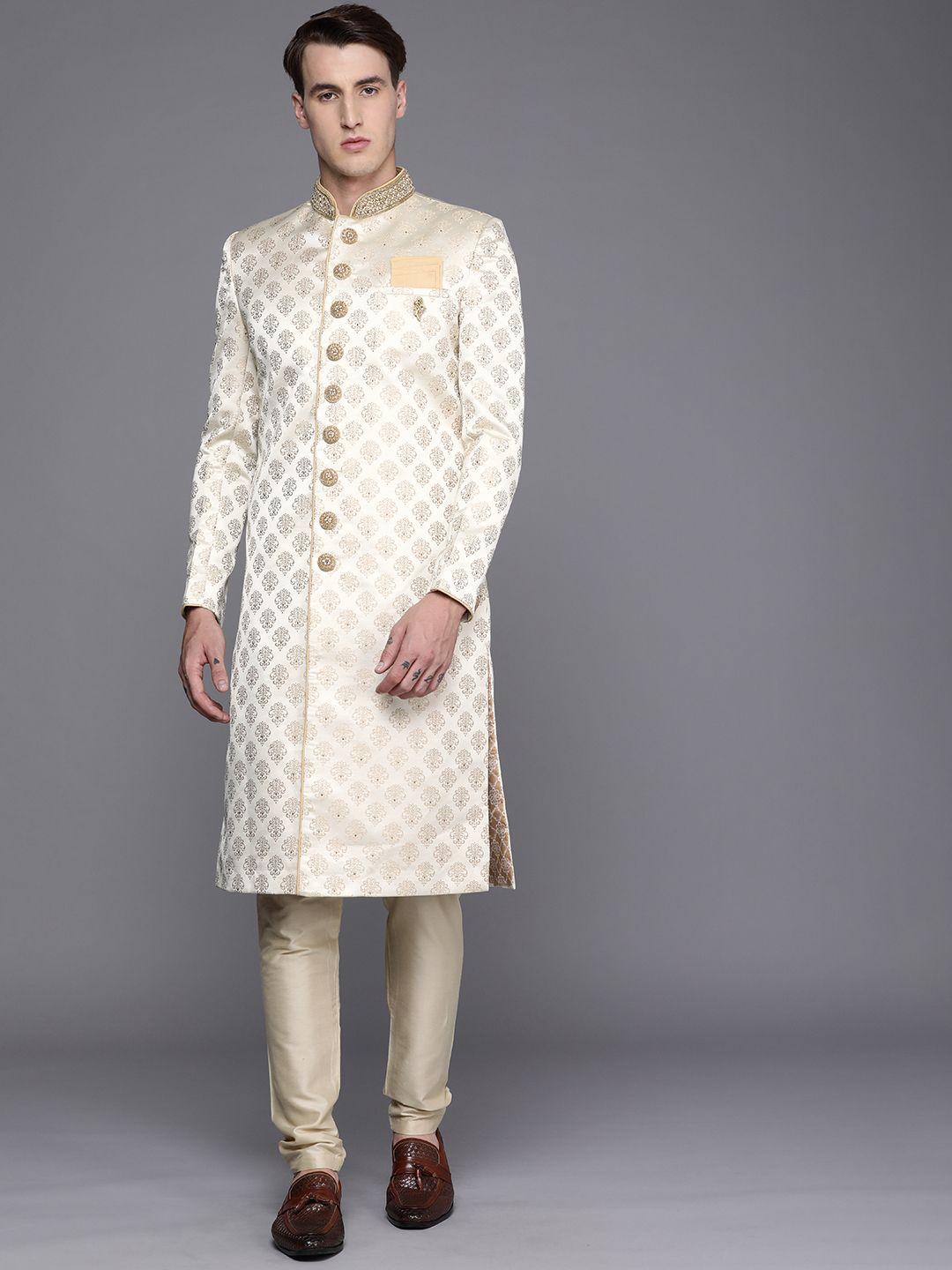 manyavar men beige ethnic motifs sherwani set