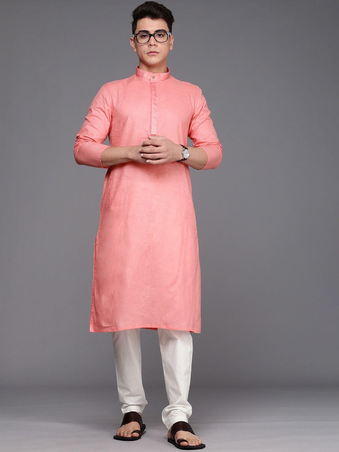 manyavar men coral pink solid kurta with pyjamas
