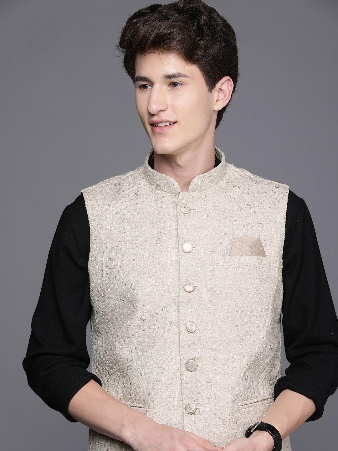 manyavar men cream-coloured embroidered nehru jacket