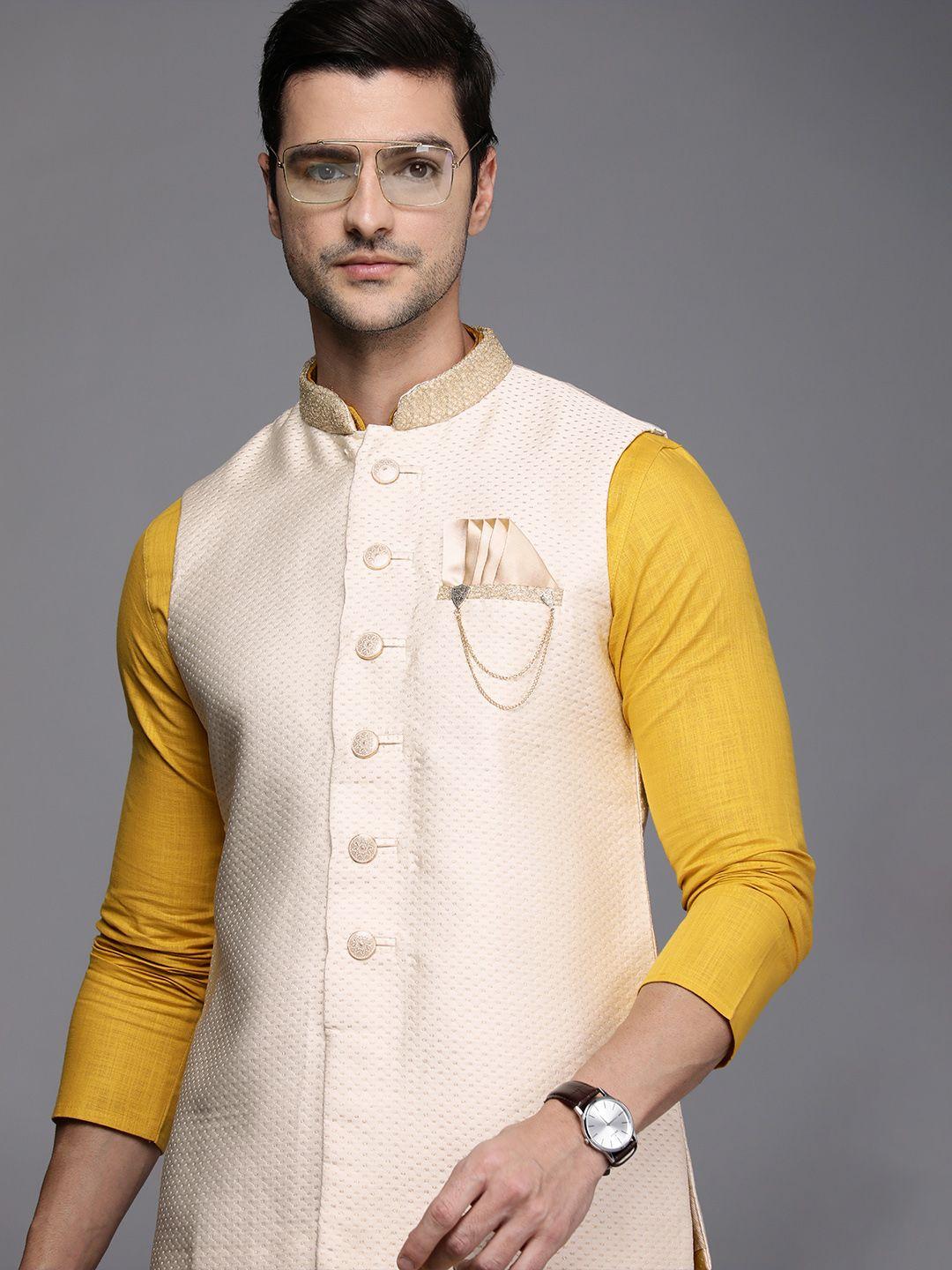 manyavar men cream-coloured jacquard design nehru jacket