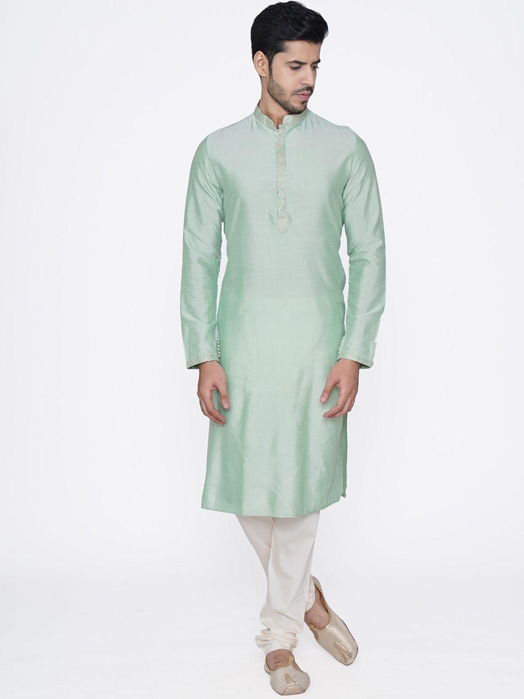 manyavar men green & white solid kurta set with nehru jacket