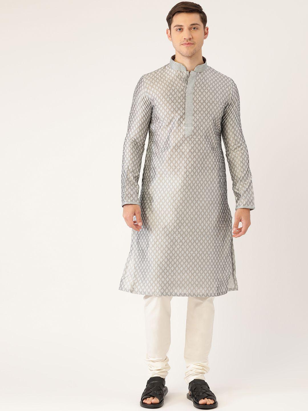 manyavar men grey & white woven design kurta with churidar