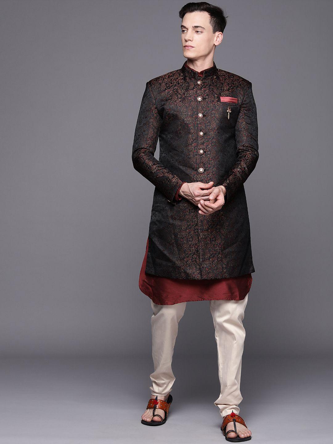 manyavar men maroon & brown ethnic motifs sherwani and pencil pyjama set