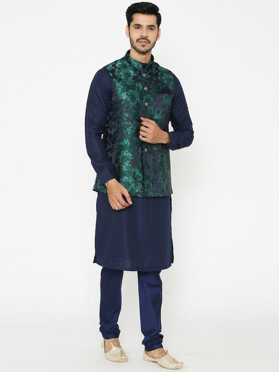 manyavar men navy blue solid kurta set with nehru jacket