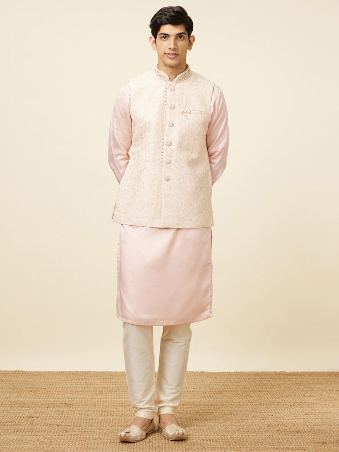 manyavar men pink regular kurta and pyjamas with nehru jacket set