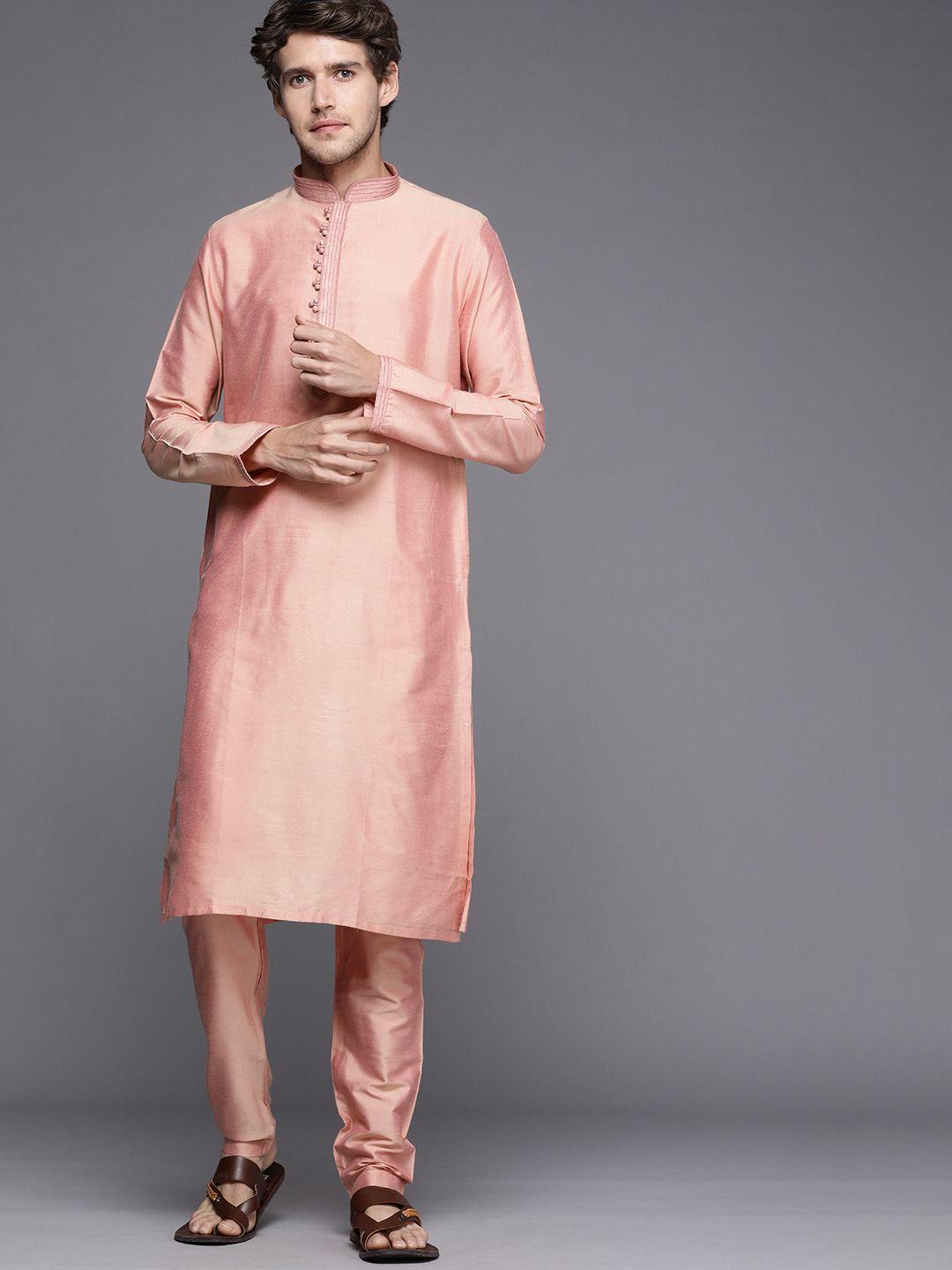 manyavar men pink solid kurta with churidar