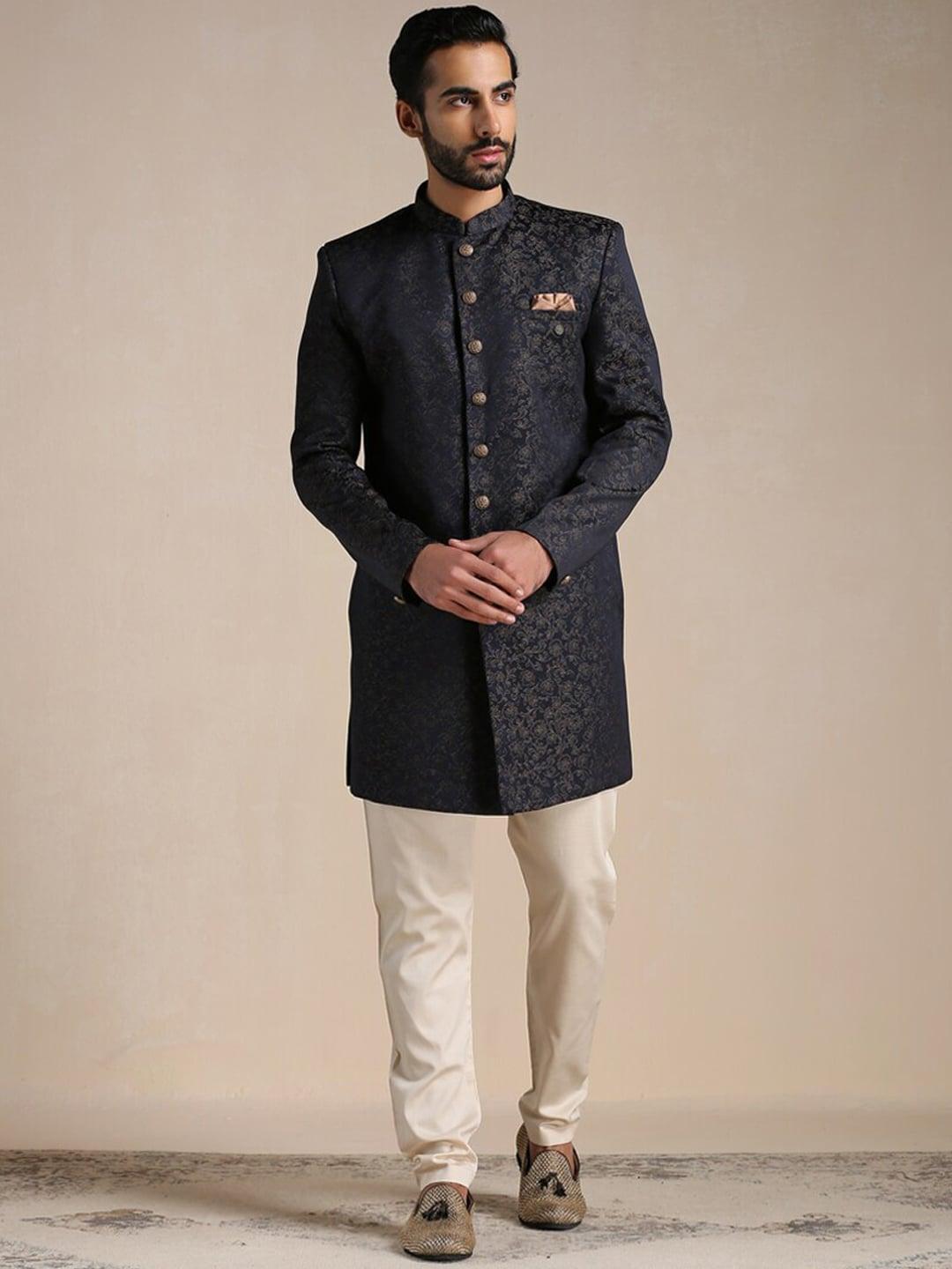 manyavar men printed brocade kurta and pyjamas with jacket indo western set