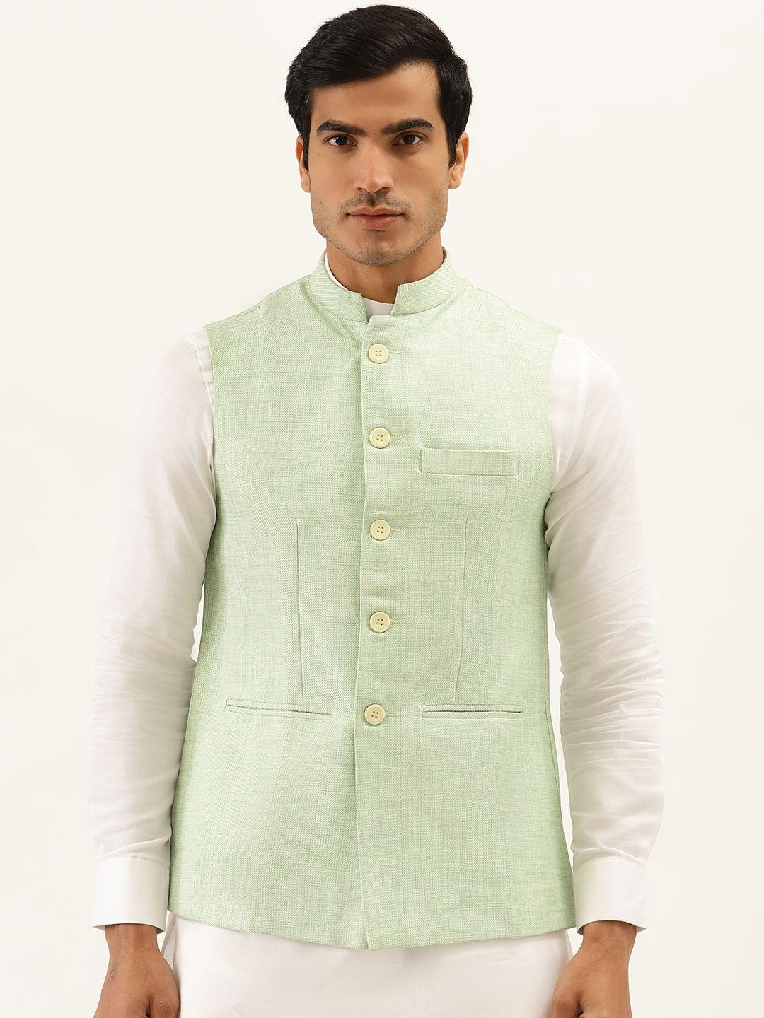 manyavar men sea green self-design nehru jacket