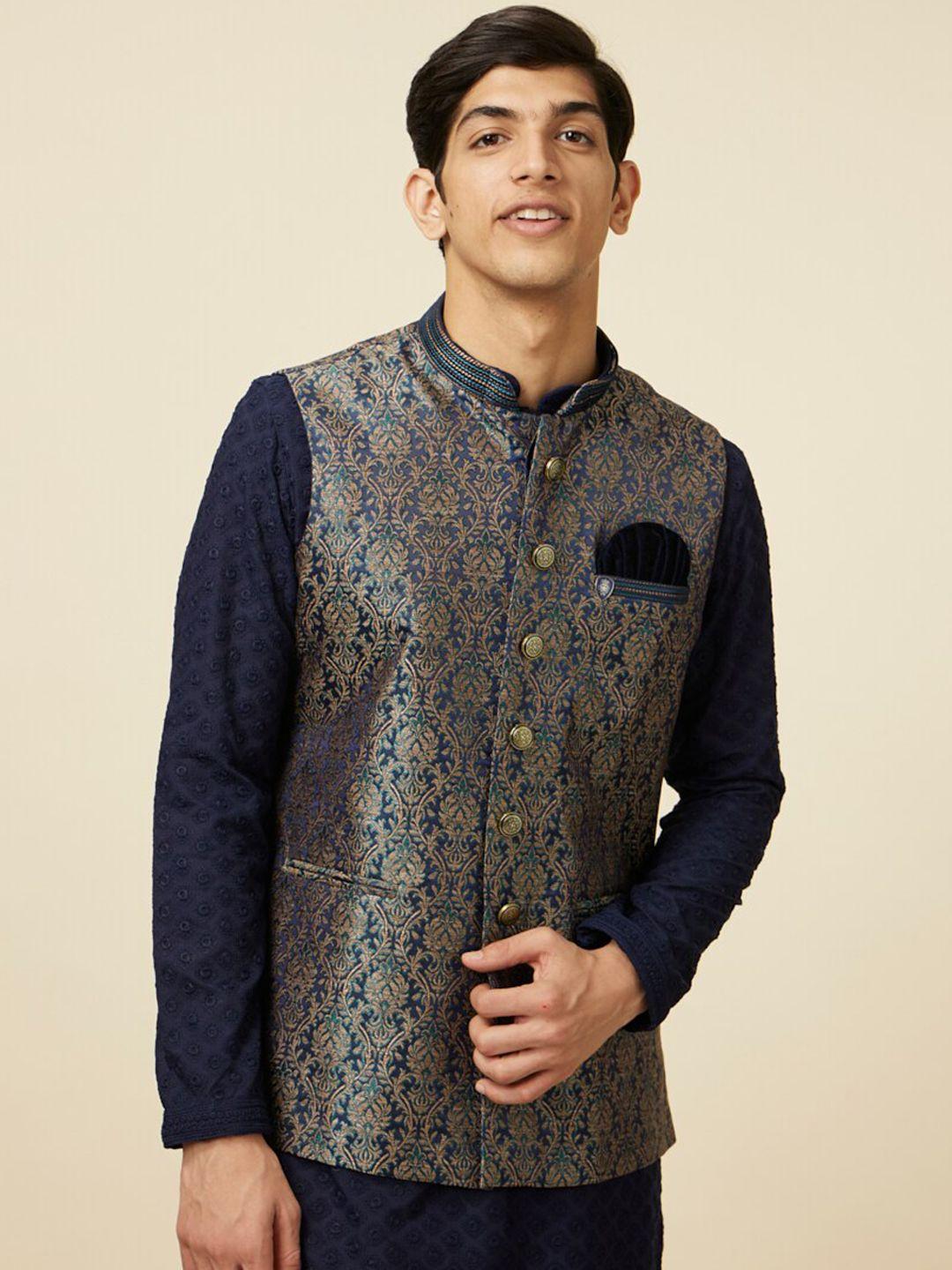 manyavar men self-design art silk nehru jackets