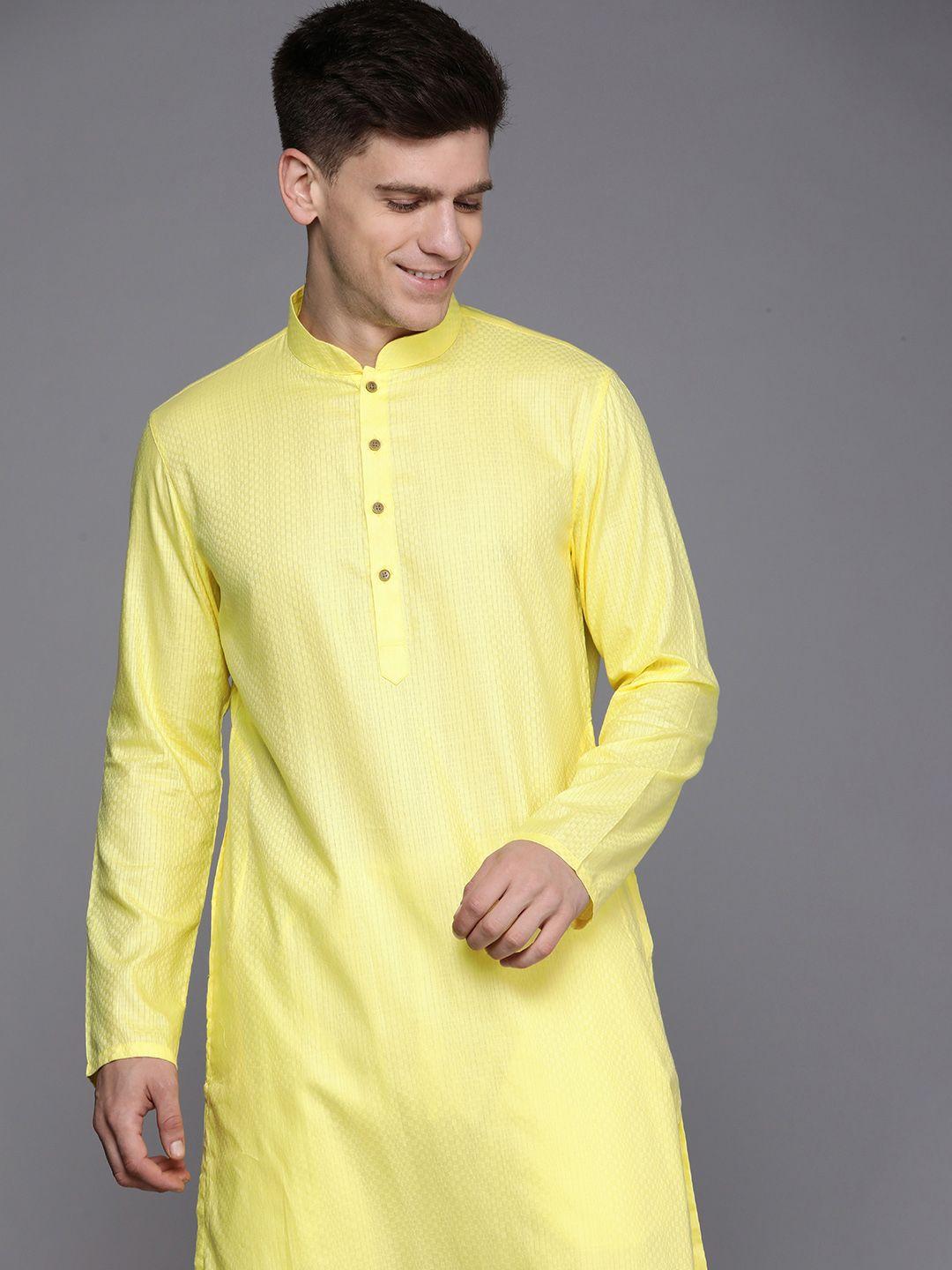 manyavar men yellow pure cotton mandarin collar kurta set
