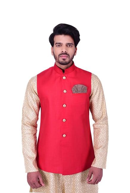 manyavar red self design ethnic waistcoat