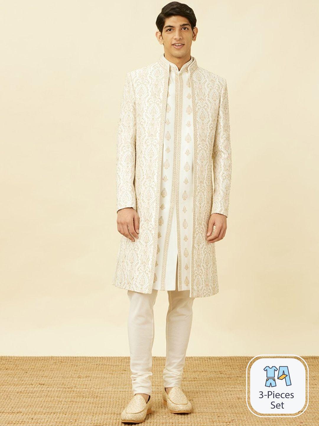 manyavar art silk self-design sherwani with solid pyjama