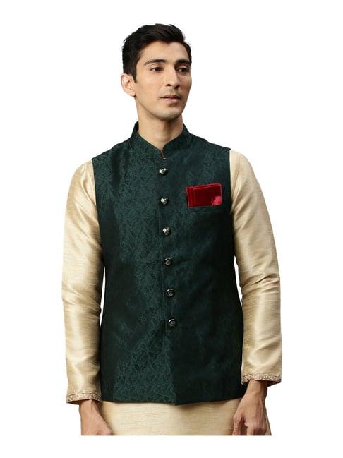 manyavar beige & green self design ethnic waistcoat