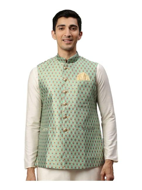 manyavar beige & green self pattern ethnic jacket