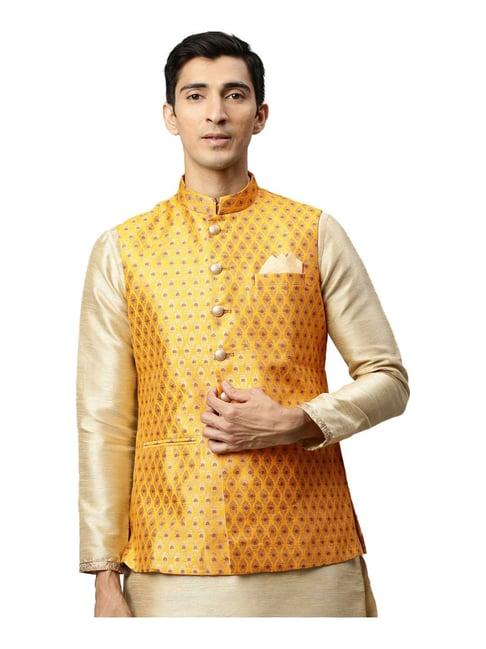 manyavar beige & yellow self pattern ethnic jacket