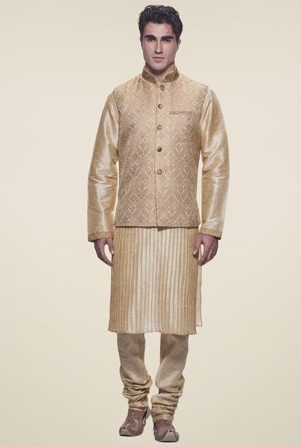 manyavar beige cotton ethnic kurta set with jacket