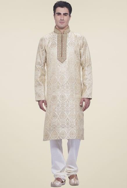 manyavar beige embroidered kurta set